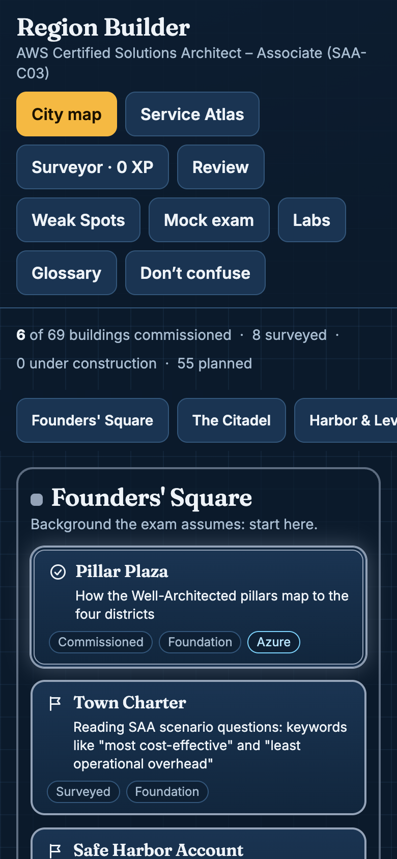 Region Builder map and study navigation on a phone
