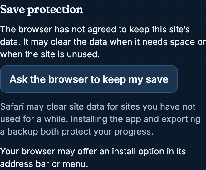 Save protection controls showing browser storage, backup export, and reminder options