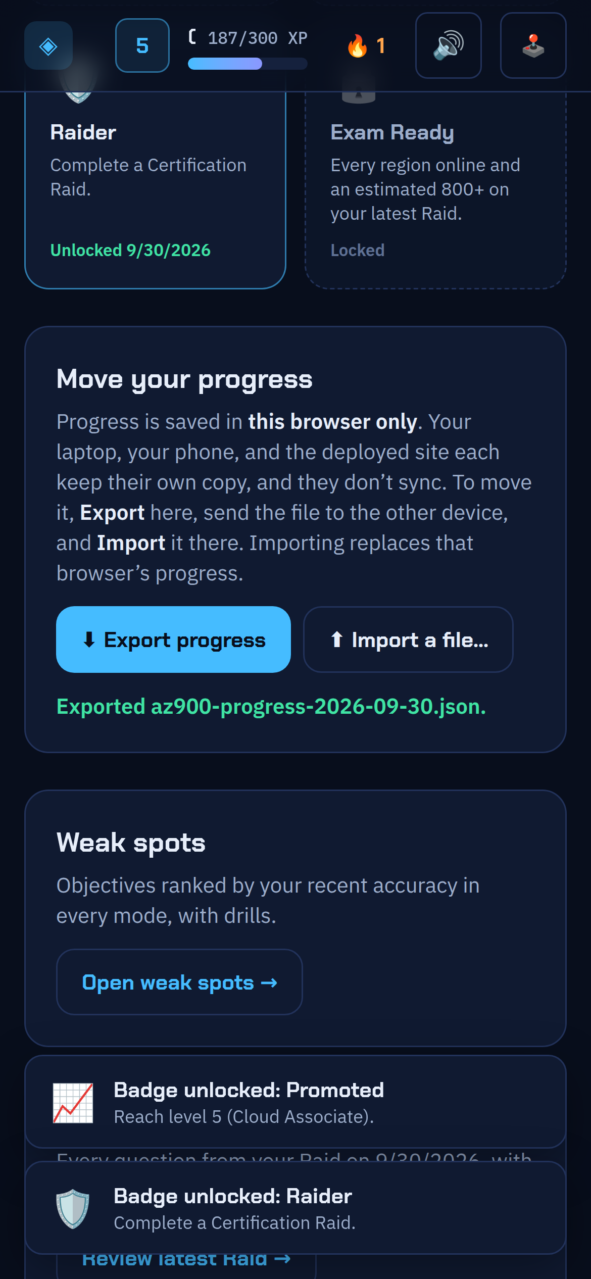 Profile page with saved progress and export/import controls