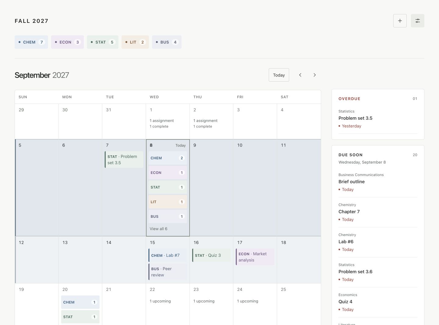 Fictional Fall 2027 calendar with course chips, highlighted weeks, and Due Soon sidebar