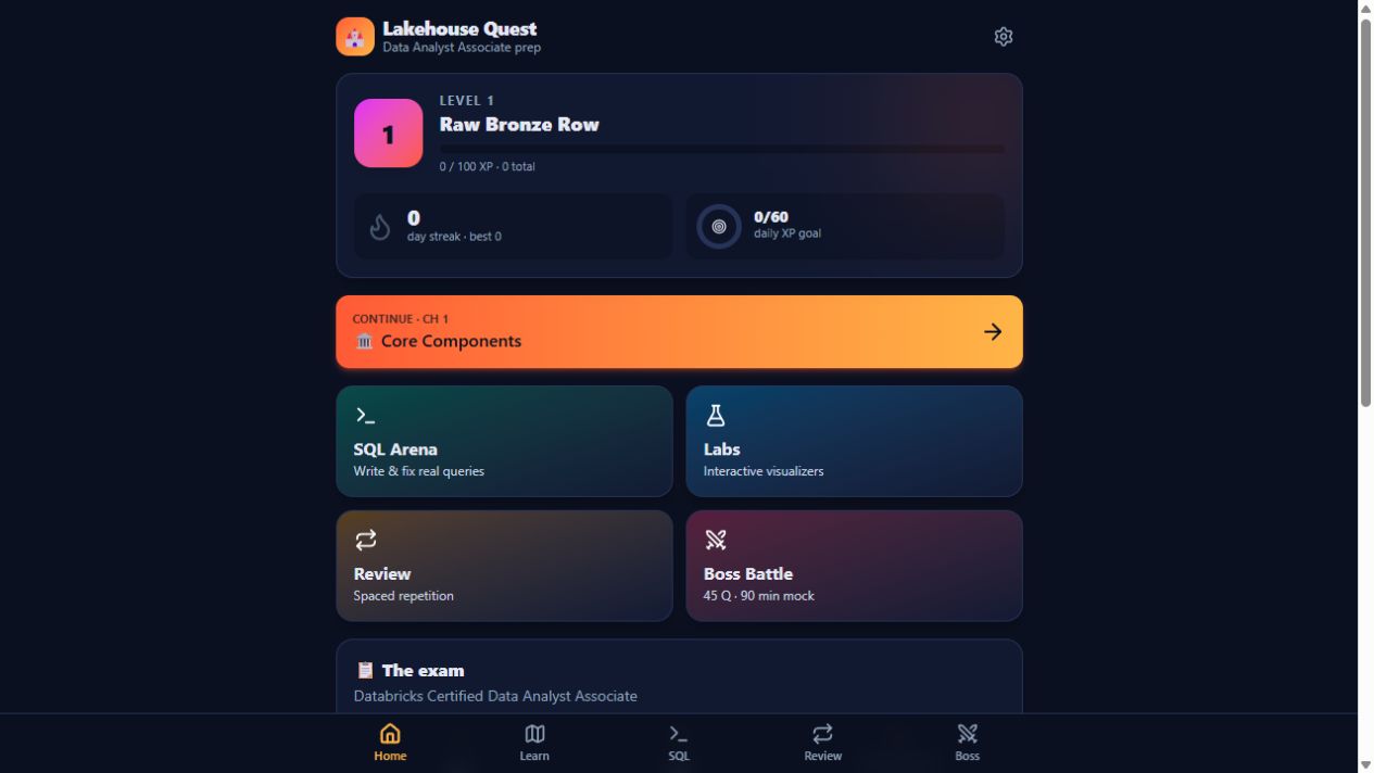 Lakehouse Quest home screen with daily progress, SQL Arena, labs, review, and mock exam
