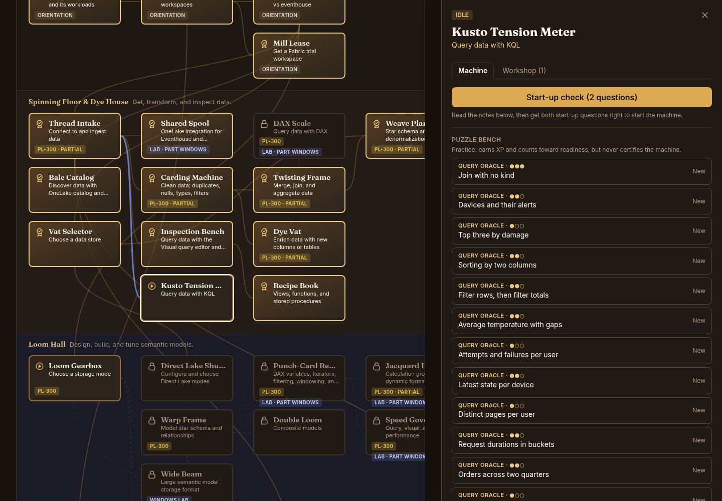 A machine's study notes with Microsoft Learn references and practice controls