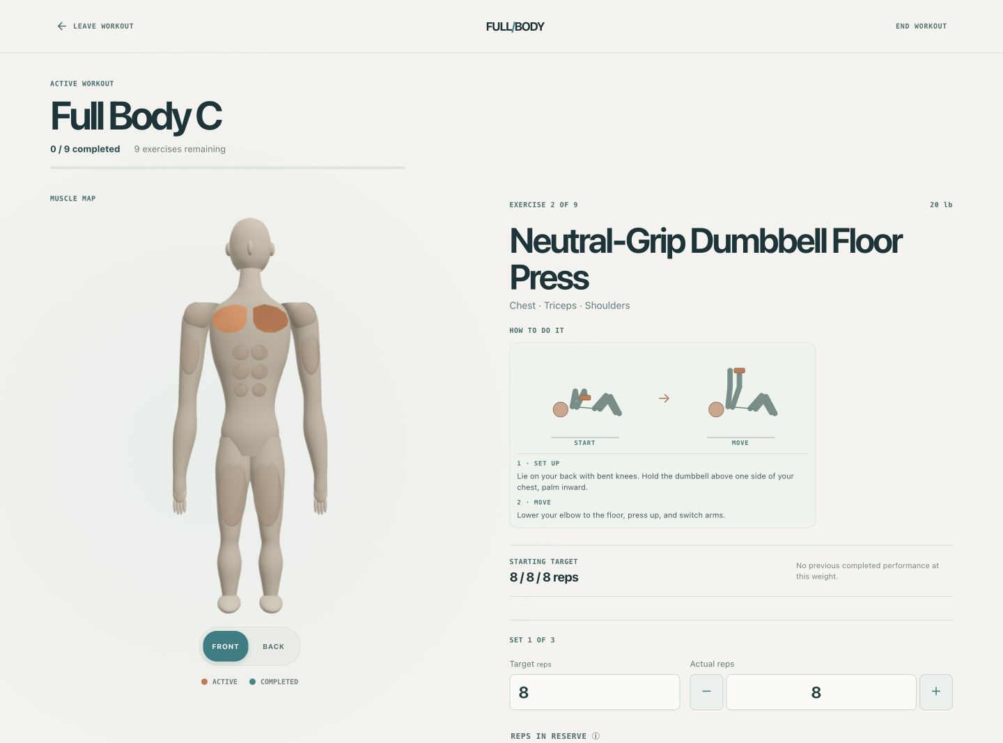 Full Body active workout showing a highlighted chest muscle, floor press instructions, target reps, actual reps, and effort control