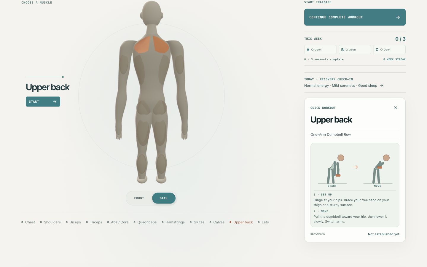 Full Body back-facing 3D anatomical map with Upper back selected and a dumbbell row exercise guide