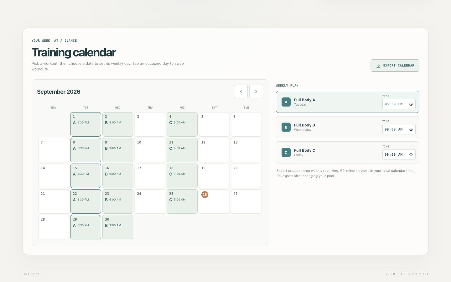 Full Body training calendar showing three scheduled weekly workouts, start times, and calendar export