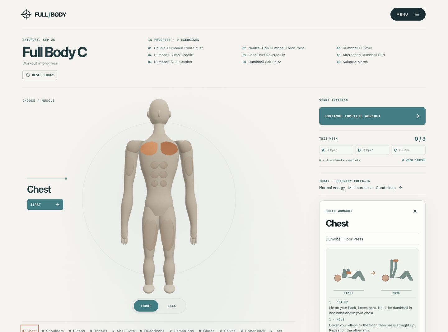 Full Body dashboard showing the front-facing 3D anatomical muscle map with Chest selected and the current workout plan