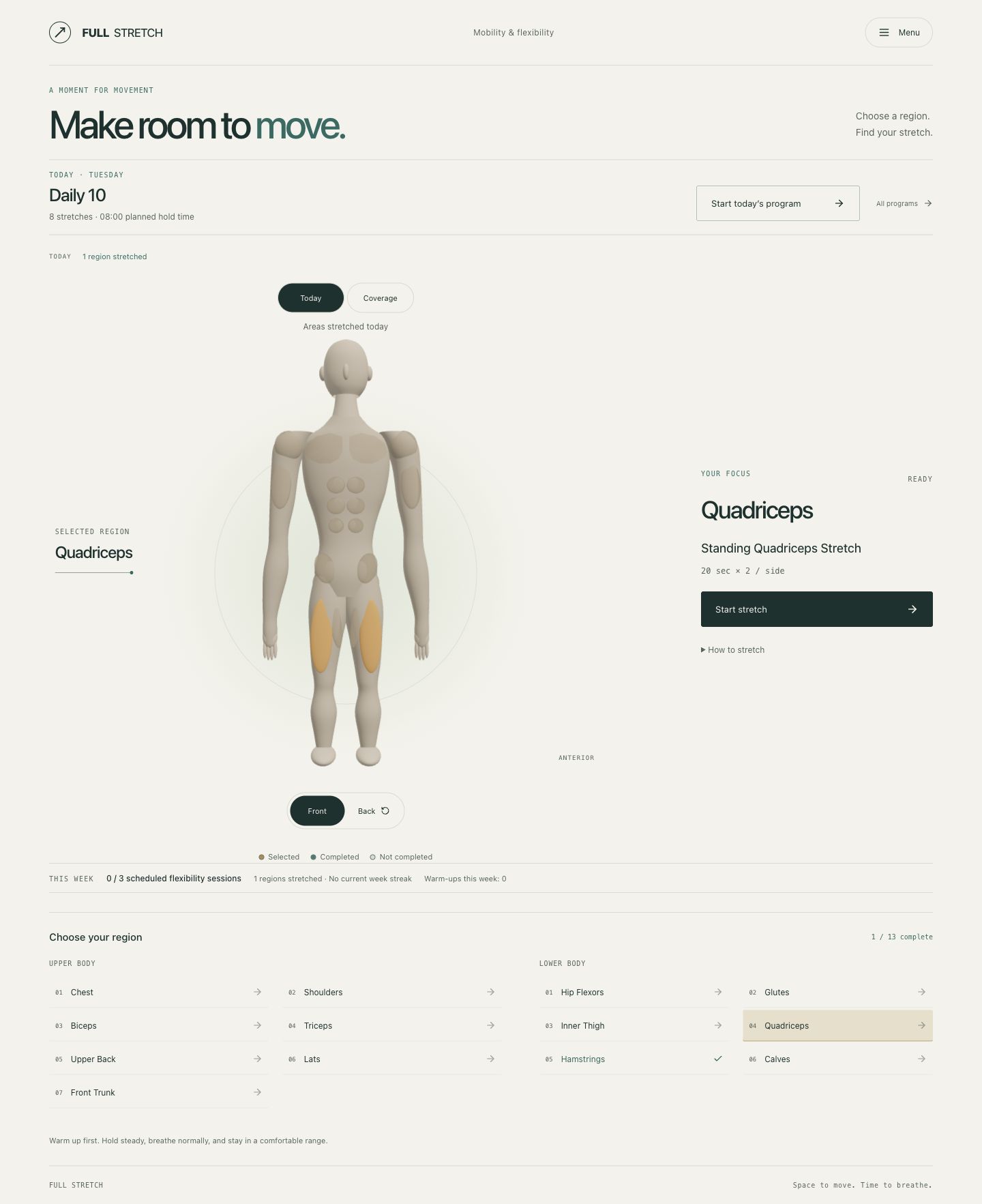Full Stretch dashboard showing the front-facing anatomical map with Quadriceps selected, today's Daily 10 program, and weekly stretching summary