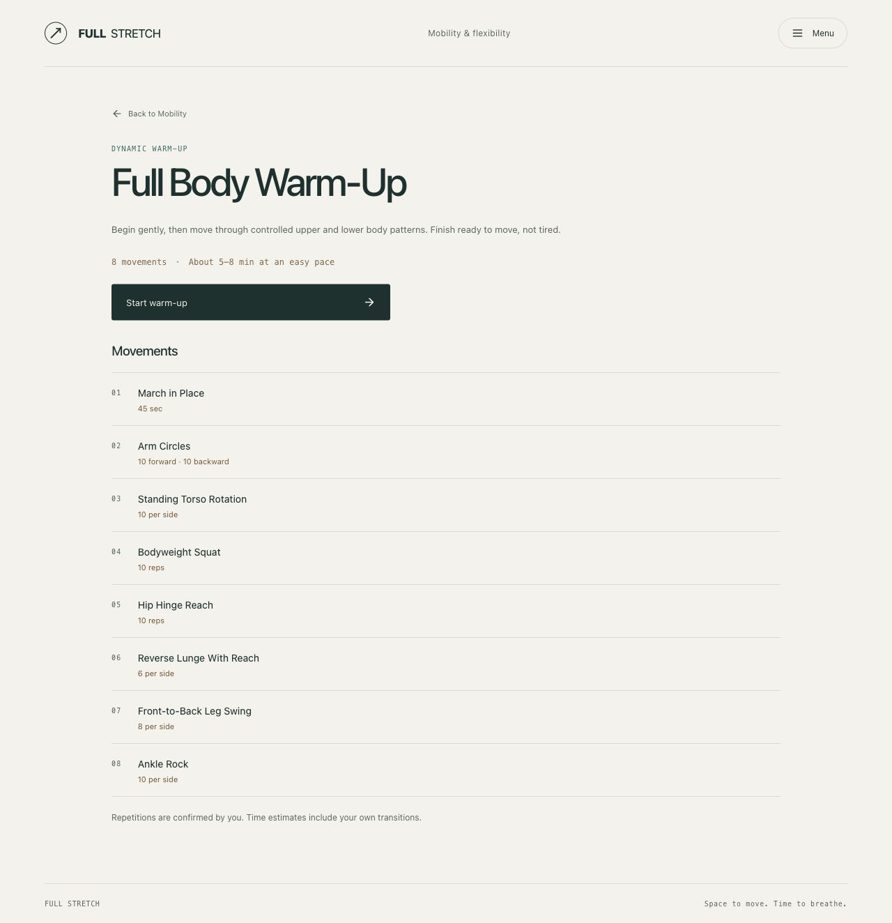 Full Stretch Full Body Warm-Up overview listing eight movements, from March in Place through Ankle Rock, with timed and repetition prescriptions