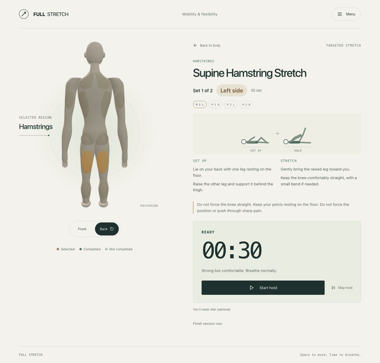 Full Stretch Supine Hamstring Stretch with a selected posterior body region, setup and hold diagrams, side and set controls, and ready 30-second timer