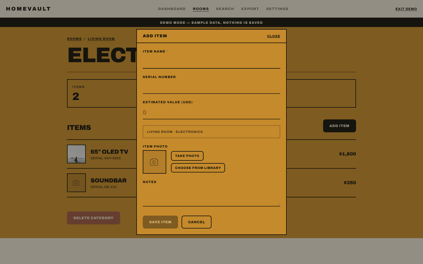 HomeVault item form containing synthetic demonstration information