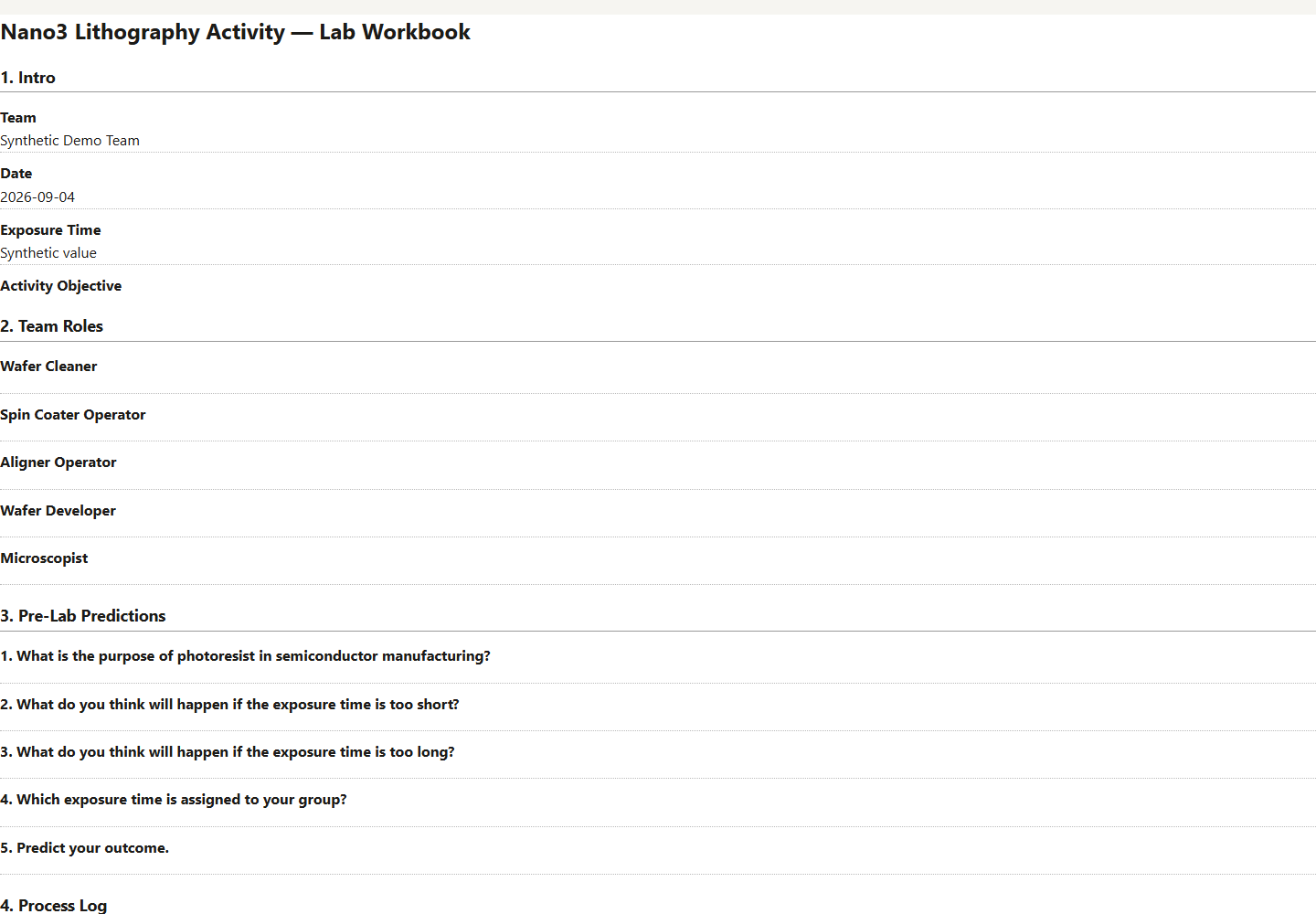 Browser print view of the lithography workbook with synthetic fields