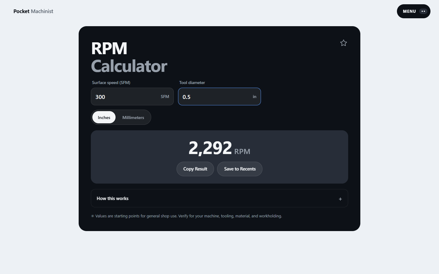 RPM calculator showing synthetic inputs and a calculated result