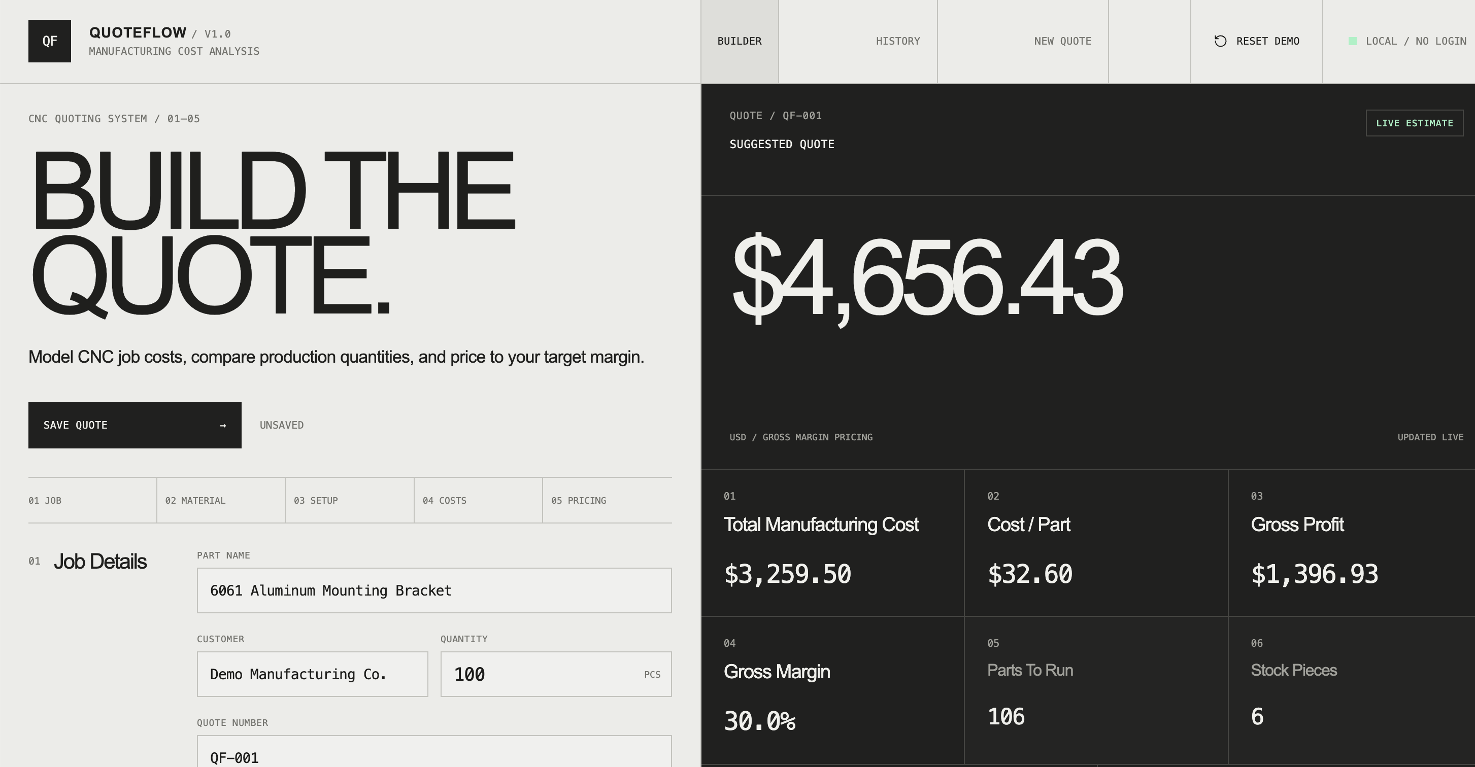 QuoteFlow builder beside the live suggested quote and manufacturing cost summary