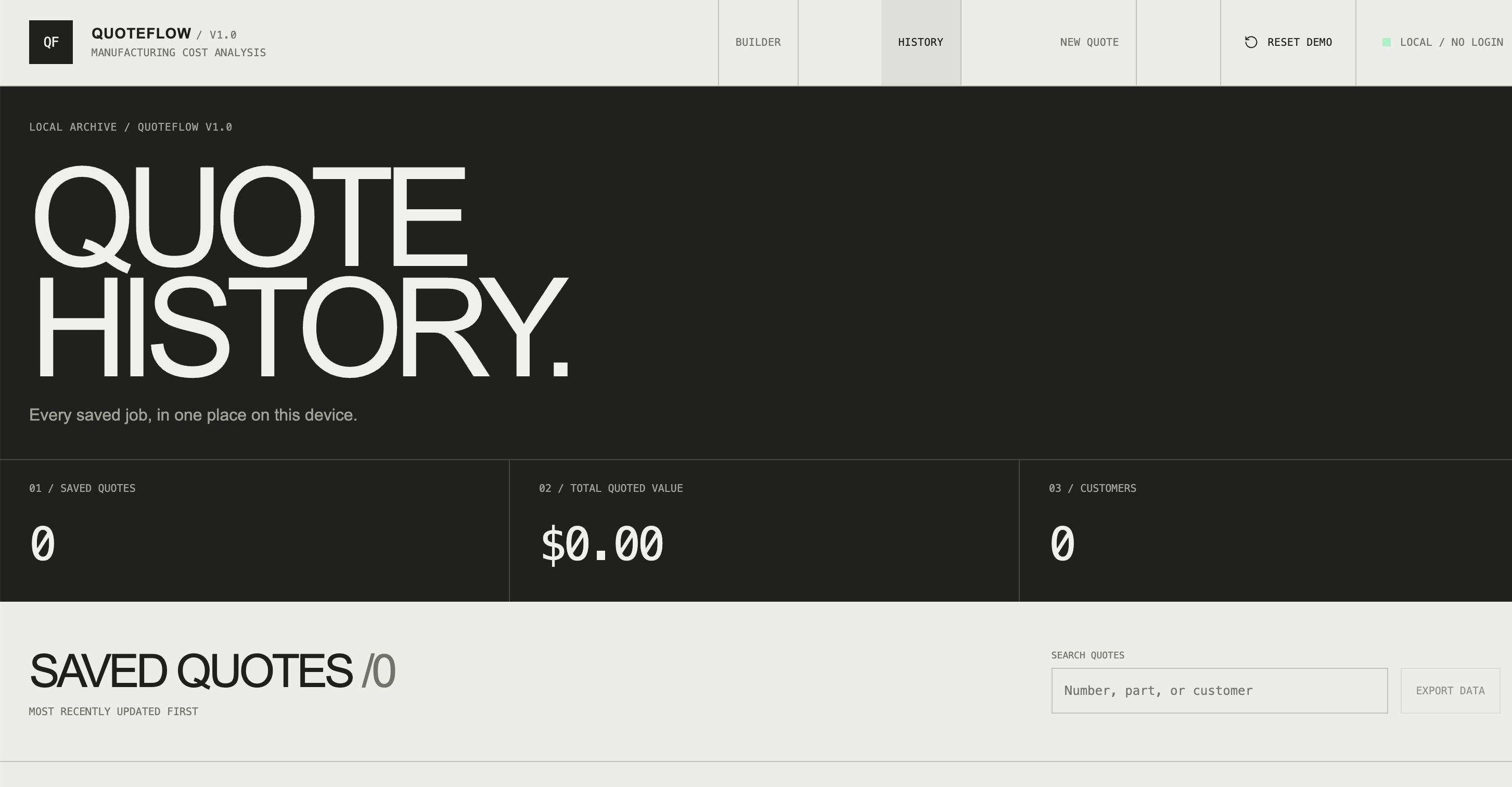 QuoteFlow History empty state with saved-quote totals, search, and export controls