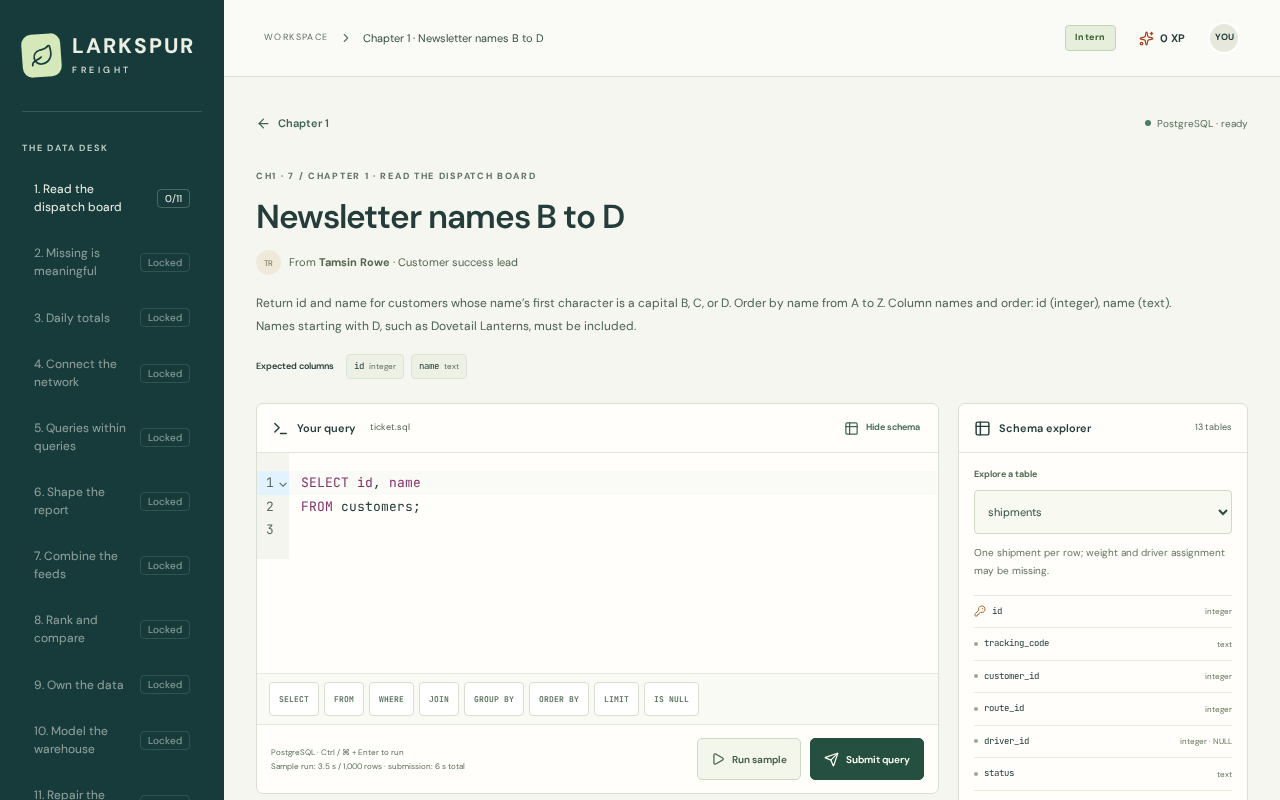 A SQL ticket with a CodeMirror editor, database results, and schema explorer